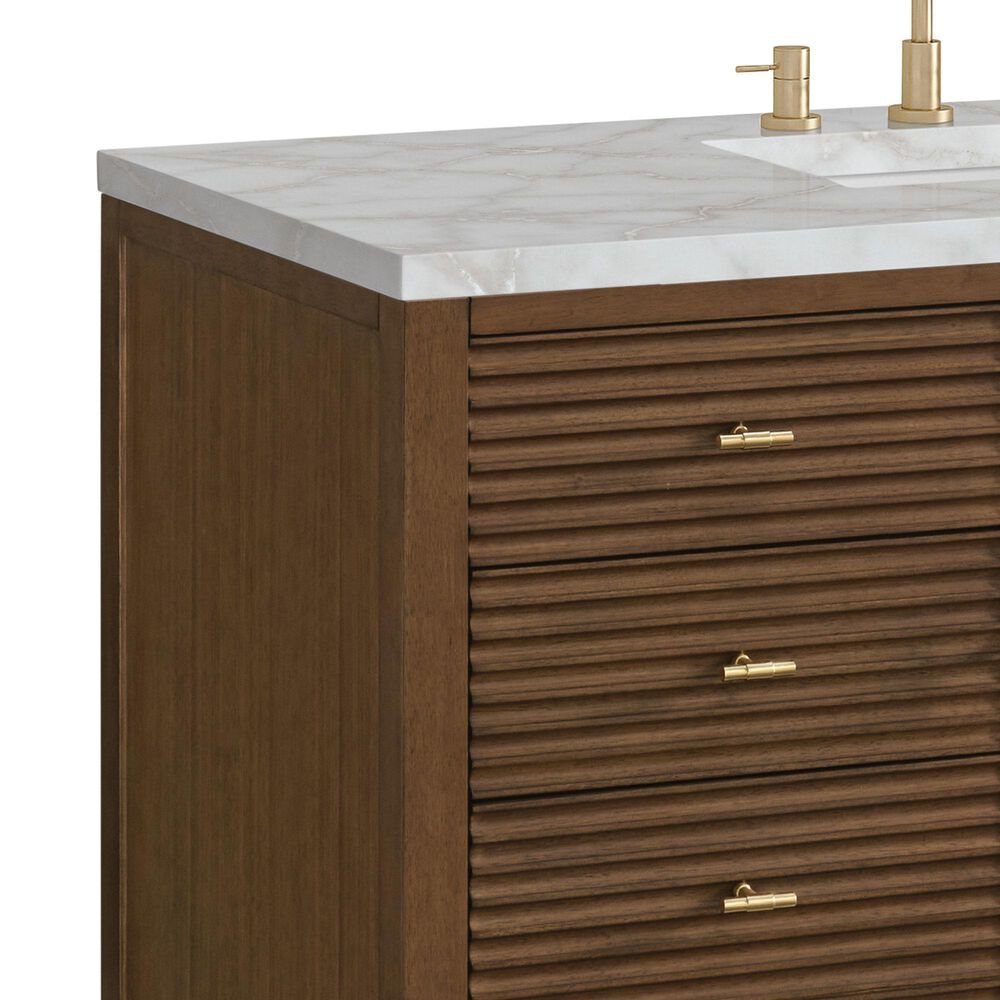 James Martin Vanities Myrrin 48" Single Bathroom Vanity in Mid-Century Walnut with 3 cm Eternal Jasmine Pearl Silestone Top, Rectangular Sink and FreePower Wireless Charger, , large