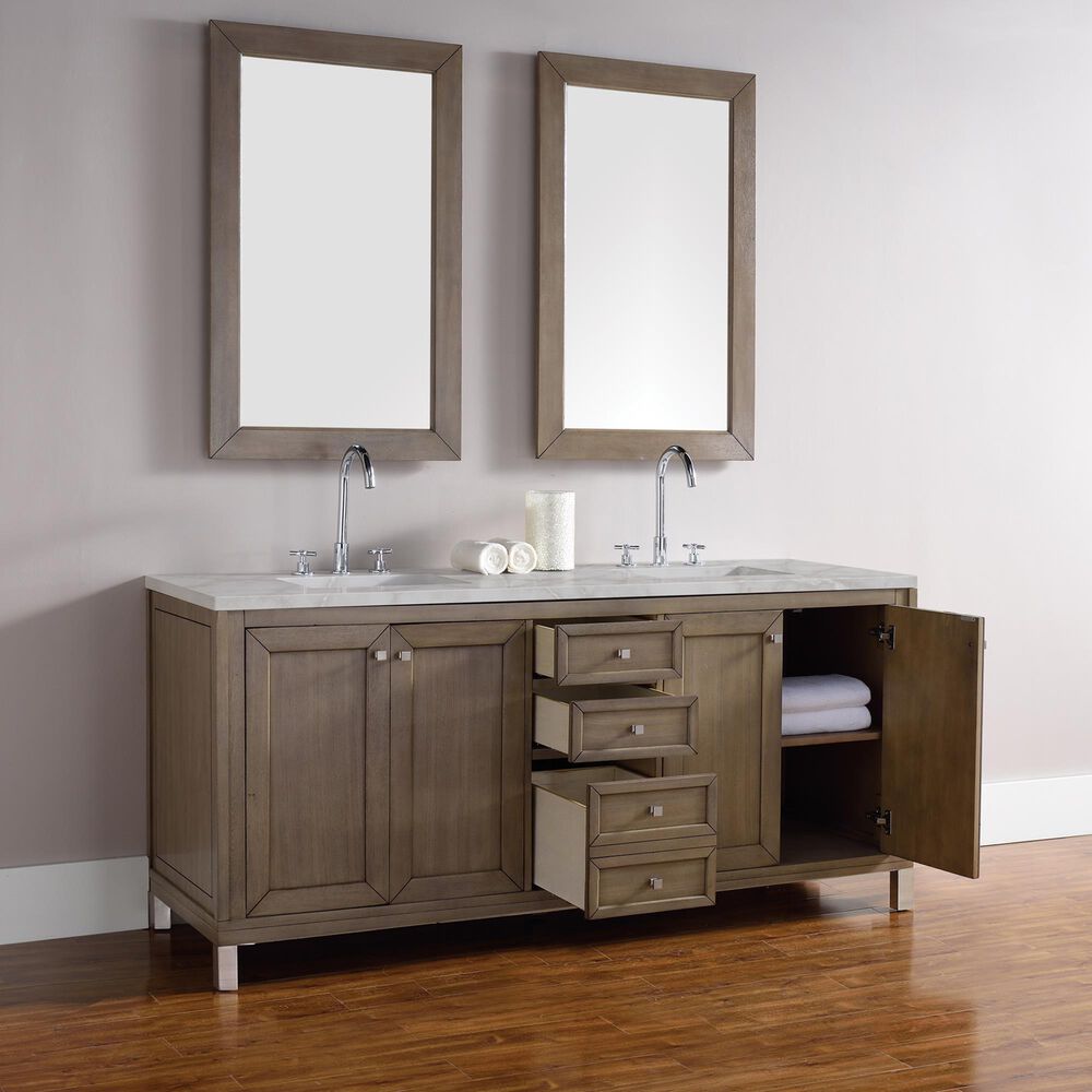 James Martin Vanities Chicago 72&quot; Double Bathroom Vanity in Whitewashed Walnut with 3 cm Victorian Silver Quartz Top and Rectangular Sinks, , large