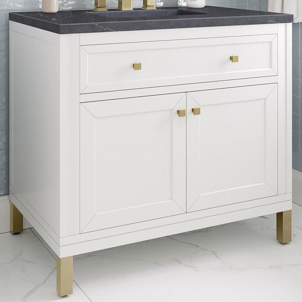 James Martin Vanities Chicago 36&quot; Single Bathroom Vanity in Glossy White with 3 cm Charcoal Soapstone Quartz Top and Rectangular Sink, , large