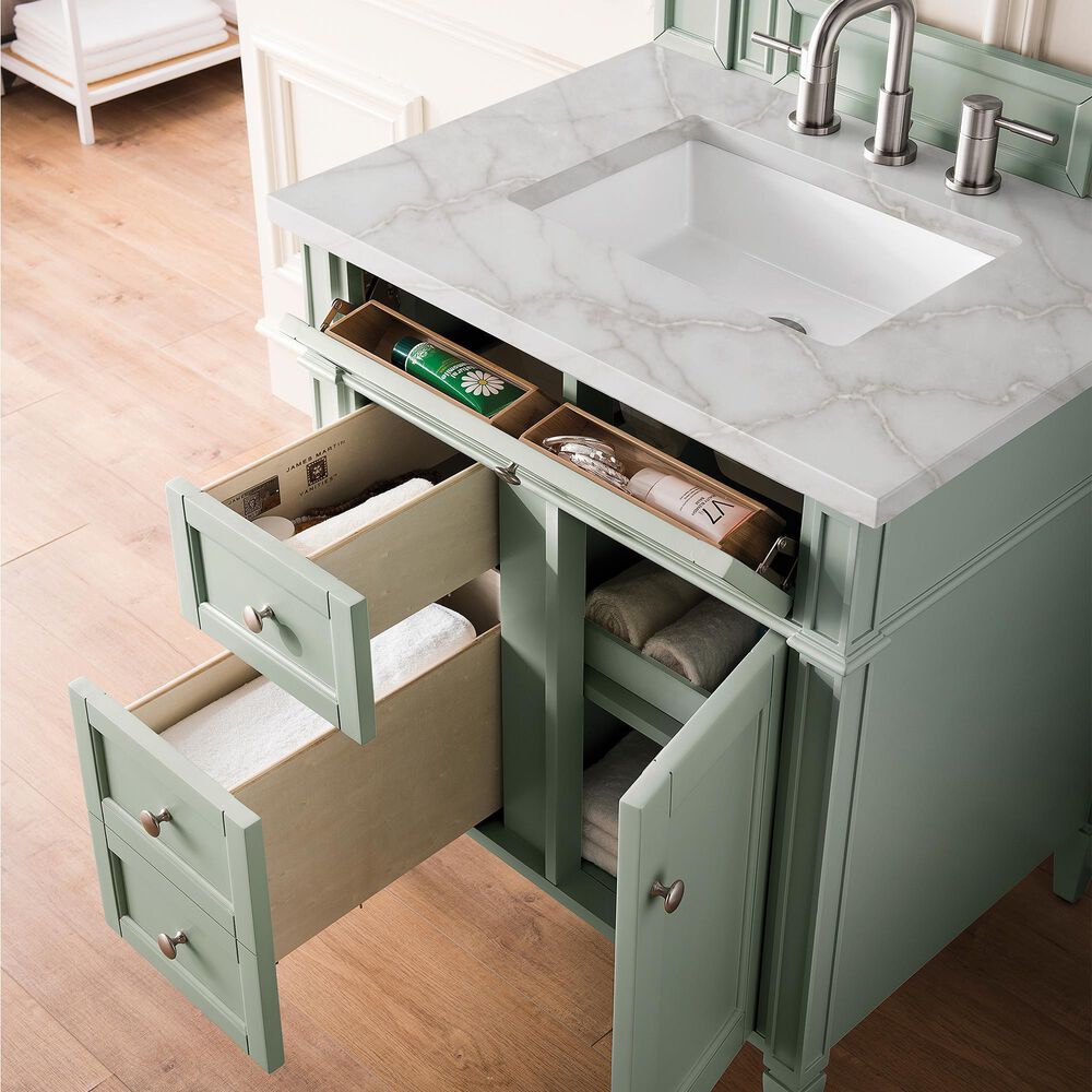 James Martin Vanities Brittany 30&quot; Single Bathroom Vanity in Sage Green with 3 cm Victorian Silver Quartz Top and Rectangular Sink, , large