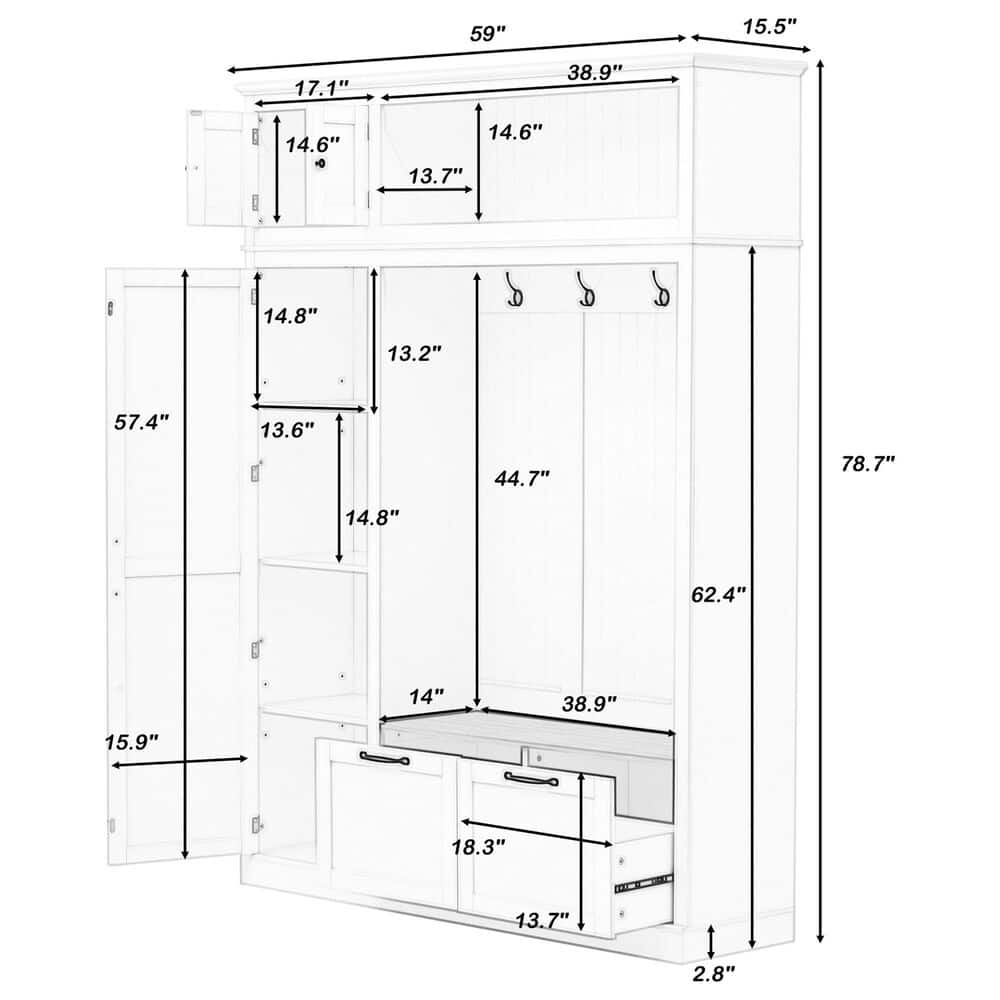 GigaCloud 3-in-1 Hall Tree with 2 Drawers and Seat Bench in White, , large
