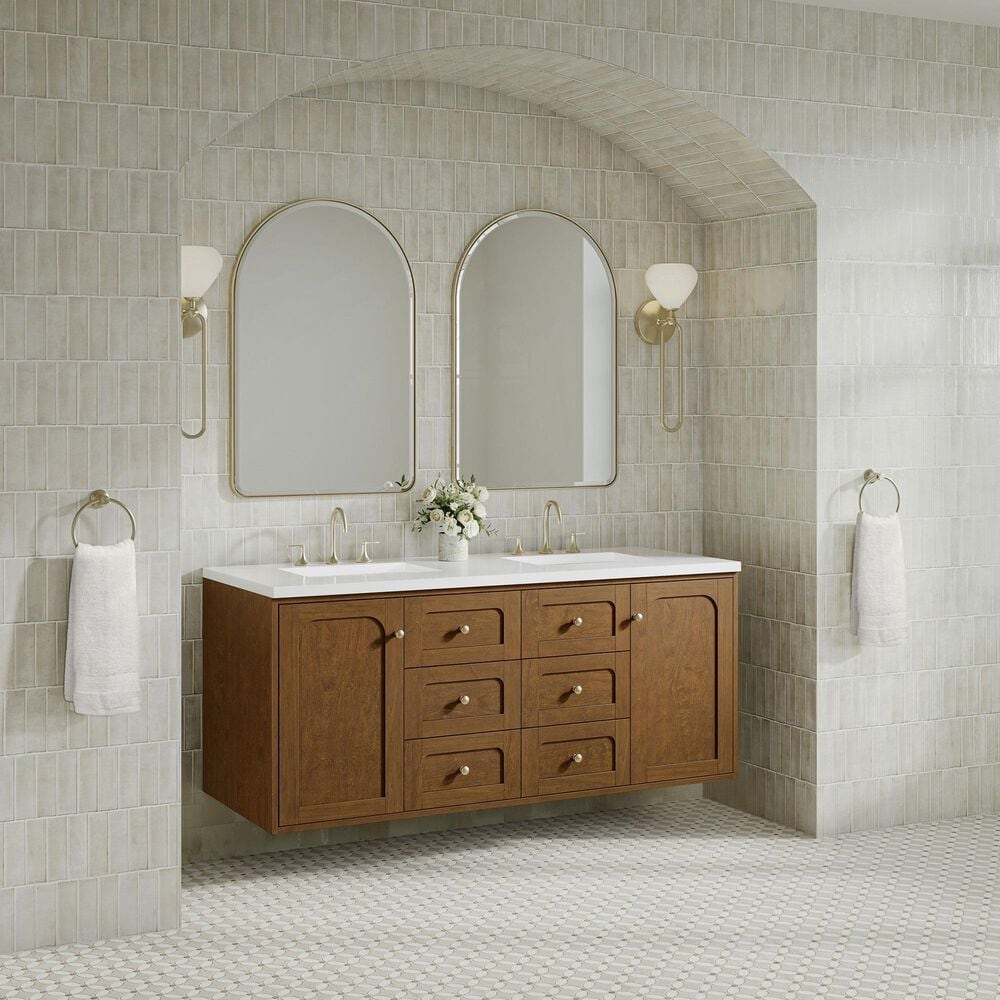 James Martin Laurent 60" Double Bathroom Vanity in Honey Oak with 3 cm White Zeus Silestone Top and Rectangular Sinks, , large