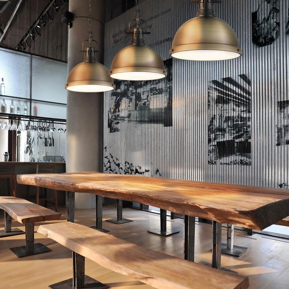 Golden Lighting Duncan 1-Light Pendant with Chain and Aged Brass Shade in Matte Black, , large