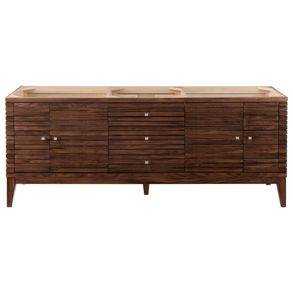 James Martin Vanities Linear 72&quot; Double Bathroom Vanity in Mid Century Walnut with 10 cm Glossy White Solid Surface Top and Rectangular Sinks, , large