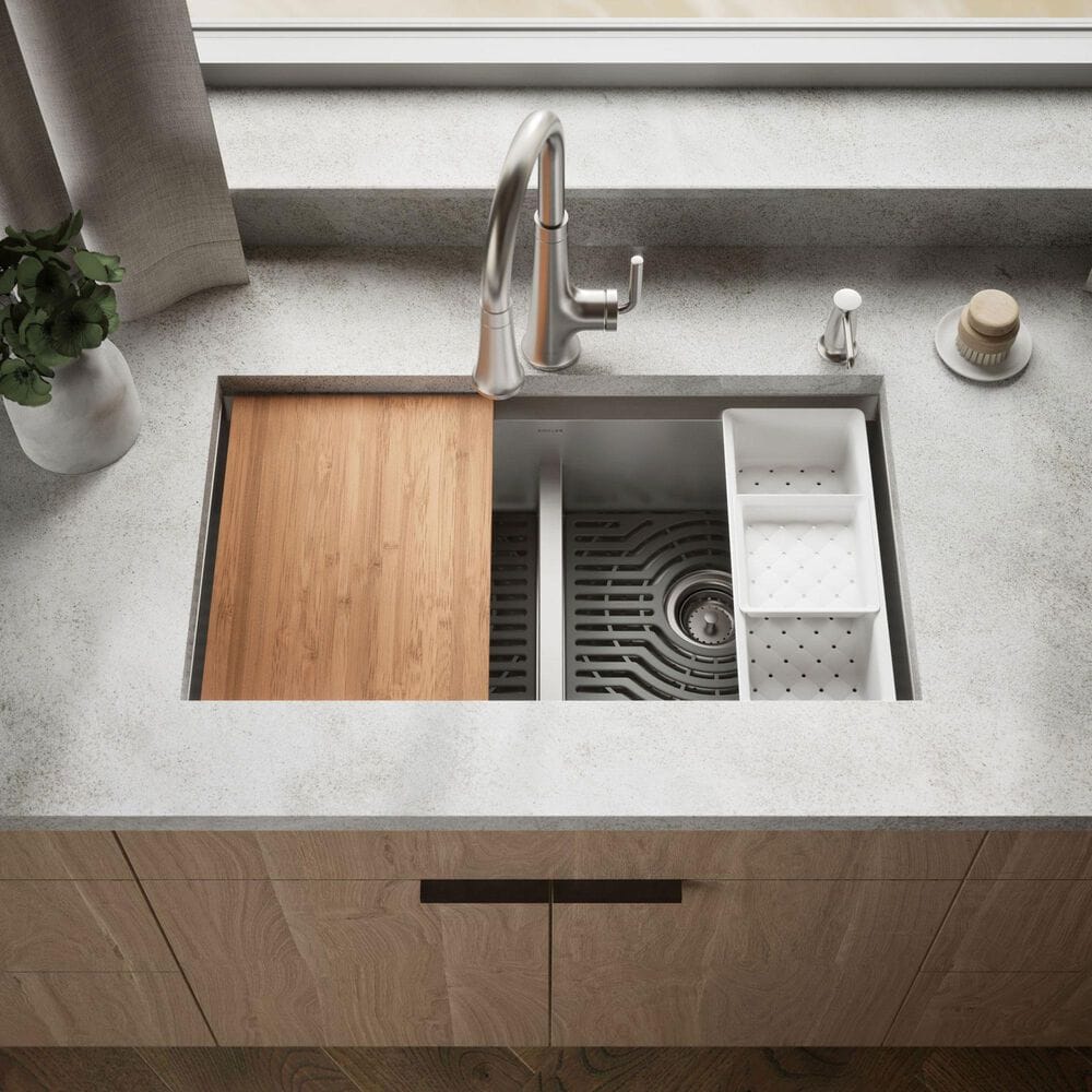 Kohler Task Smart Divide 33" Undermount Double-Bowl Workstation Kitchen Sink in Stainless Steel, , large