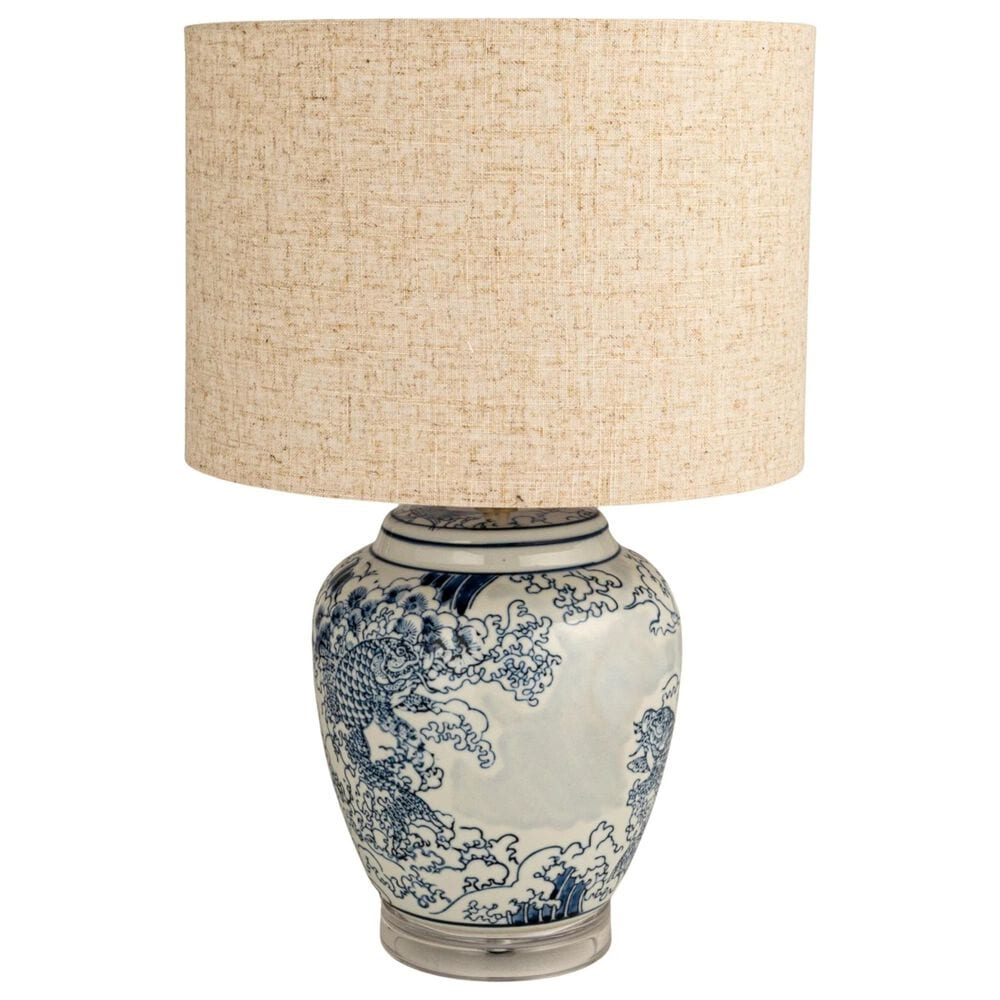 Teak Interiors Dapper Home Hand-Painted Ceramic Table Lamp with Linen Shade, Inline Switch in Blue and White, , large