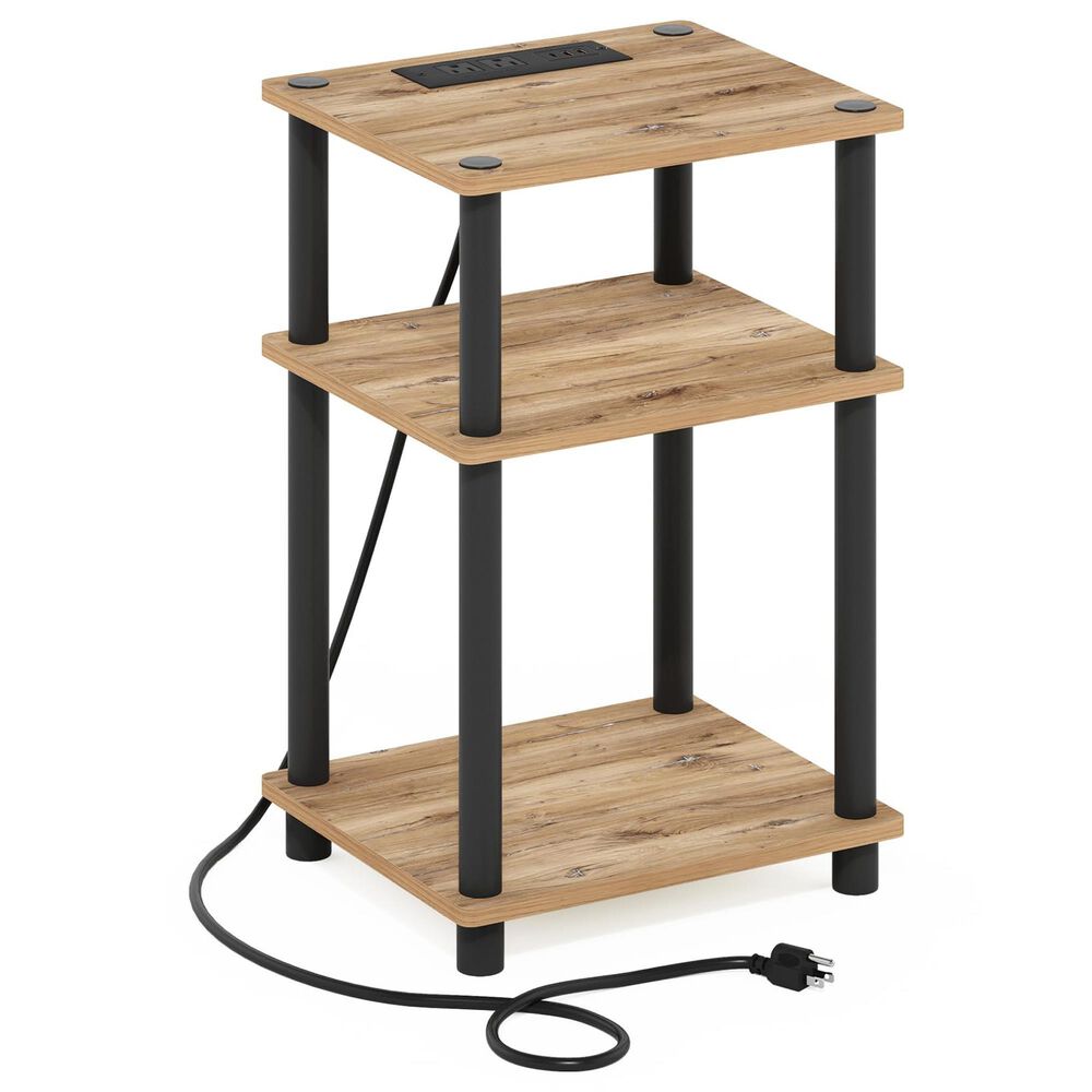 HOMLUX 3-Tier Just Turn-N-Tube End Table with 2 USB ports in Flagstaff Oak and Black, , large