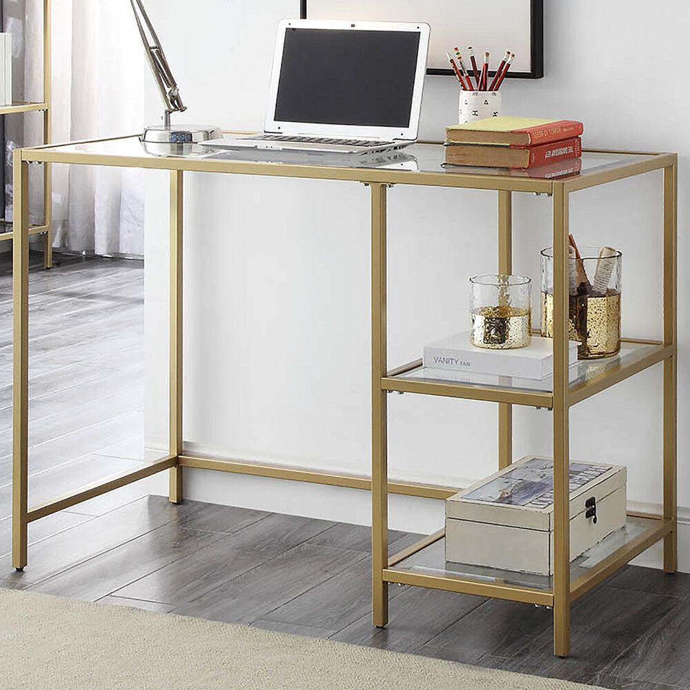 Carolina Cottage Marcello Glass Top Desk with Shelves in Gold, , large