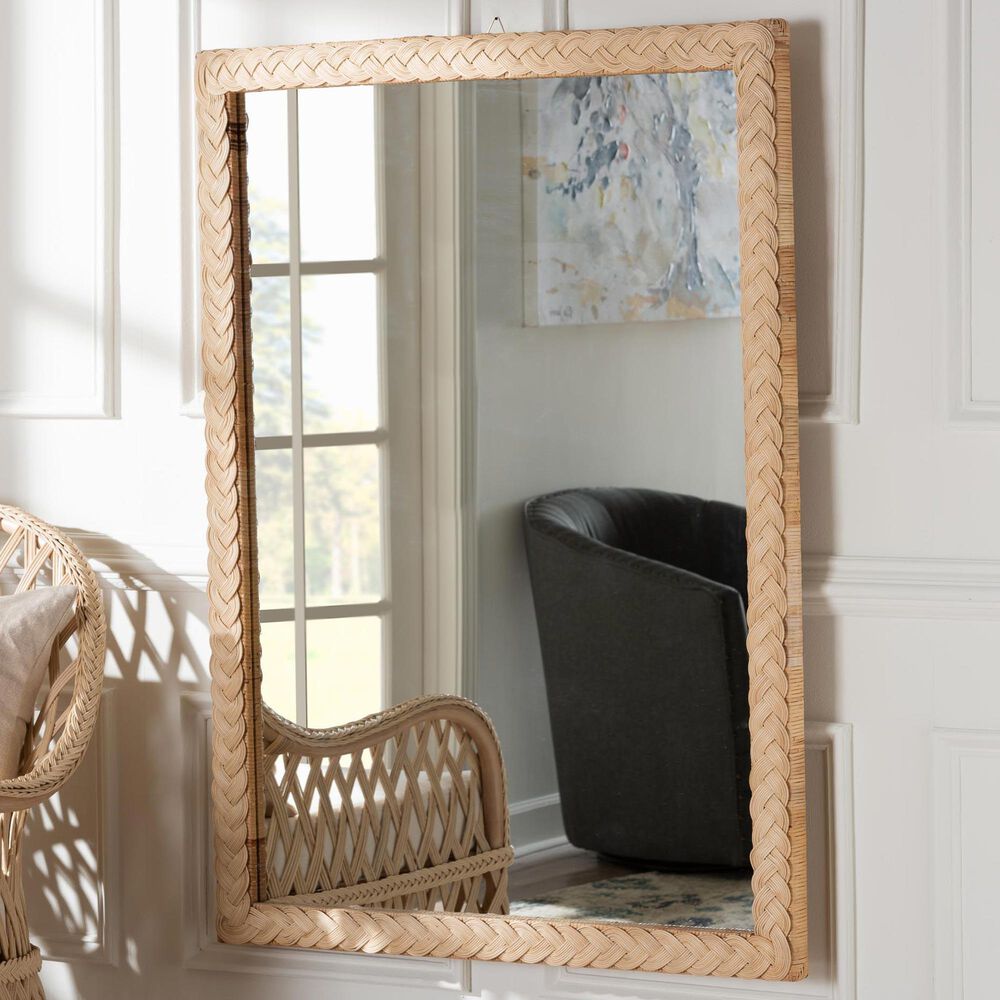 bali &amp; pari Lanica Japandi Sun Bleached Rattan Wall Mirror in Pale Brown, , large