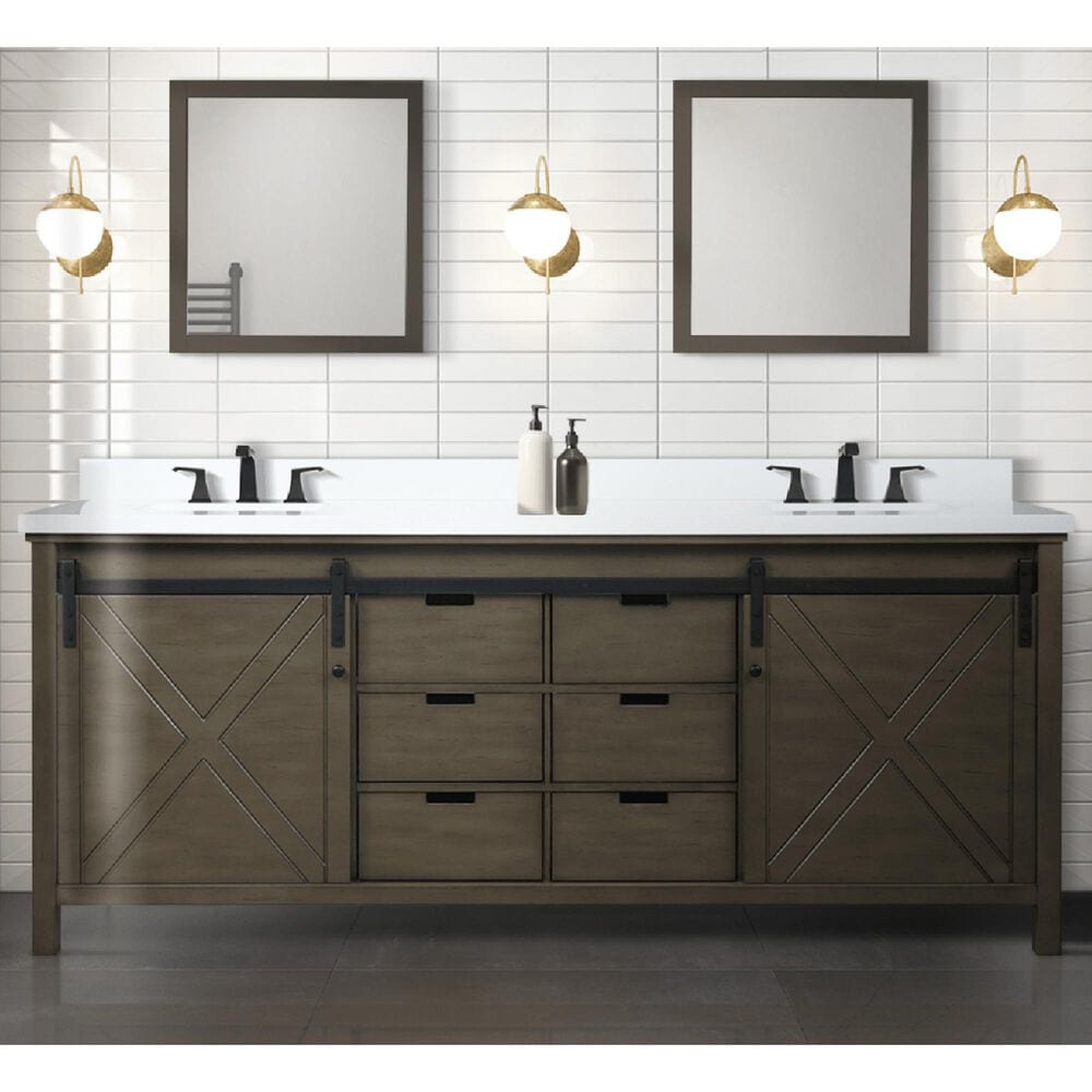 Lexora Home Marsyas 84&quot; Double Bathroom Vanity in Rustic Brown with 2 cm White Cultured Marble Top and Rectangular Sinks, , large