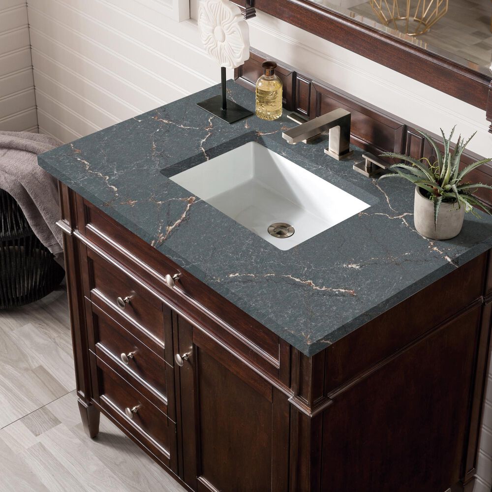 James Martin Vanities Brittany 36&quot; Single Bathroom Vanity in Burnished Mahogany with 3 cm Parisien Bleu Quartz Top and Rectangular Sink, , large