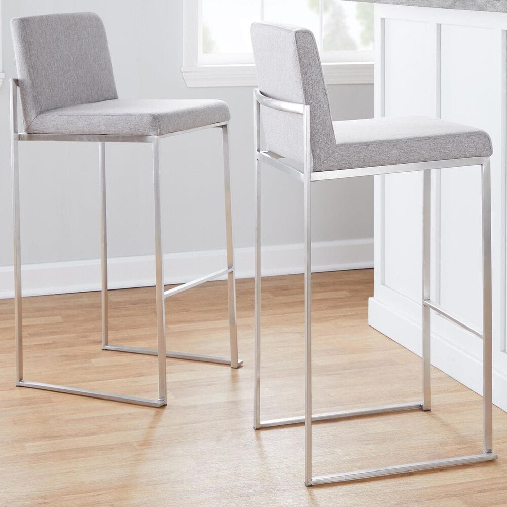 Lumisource Fuji High Back Barstool with Grey Fabric in Stainless Steel &#40;Set of 2&#41;, , large