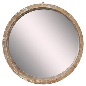 Maple and Jade 40" Round Wood Wall Mirror in Distressed Brown and Cream, , large