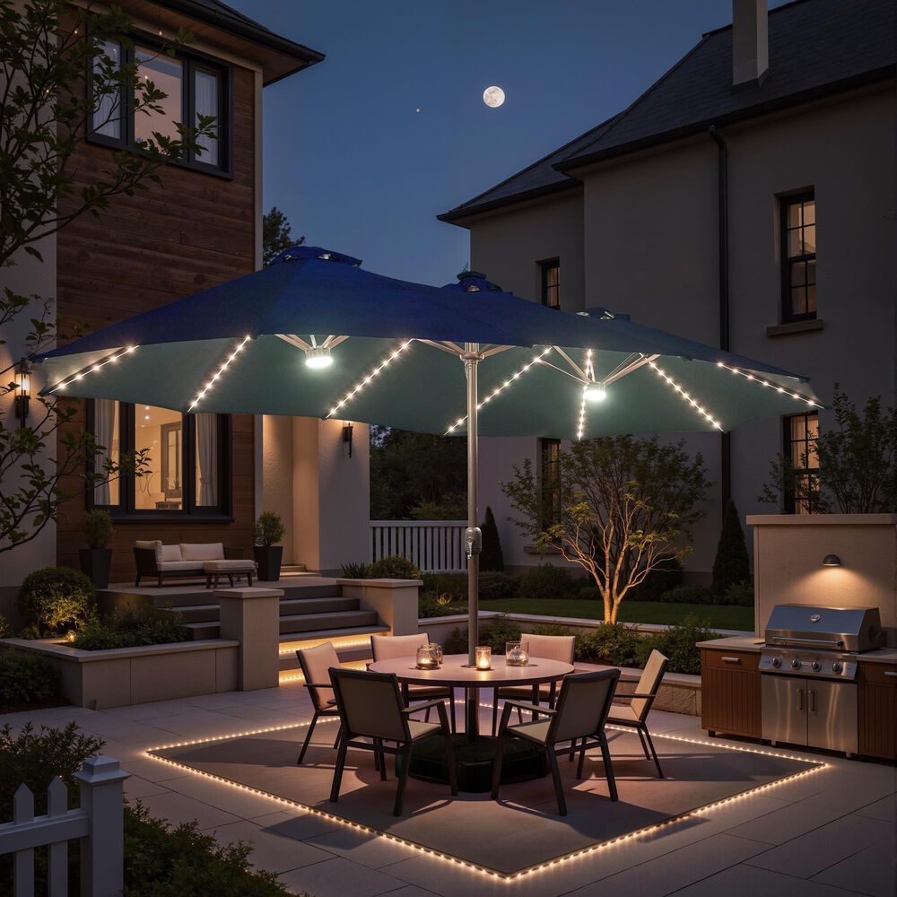 HOMLUX 15' Double-Sided Outdoor Market Umbrella with Sandbag Base and RGB LED Lights in Royal Blue, , large