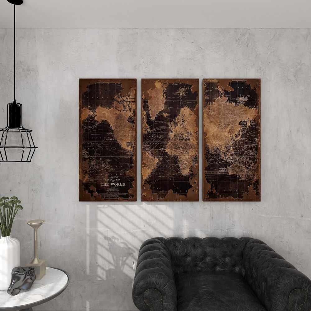 Maple and Jade 47&quot; x 22&quot; Vintage World Map Wall Decor in Black, Beige and Brown, , large
