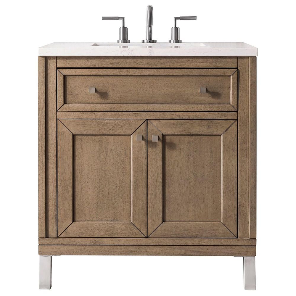 James Martin Vanities Chicago 30" Single Bathroom Vanity in Whitewashed Walnut with 3 cm Eternal Jasmine Pearl Quartz Top and Rectangular Sink, , large