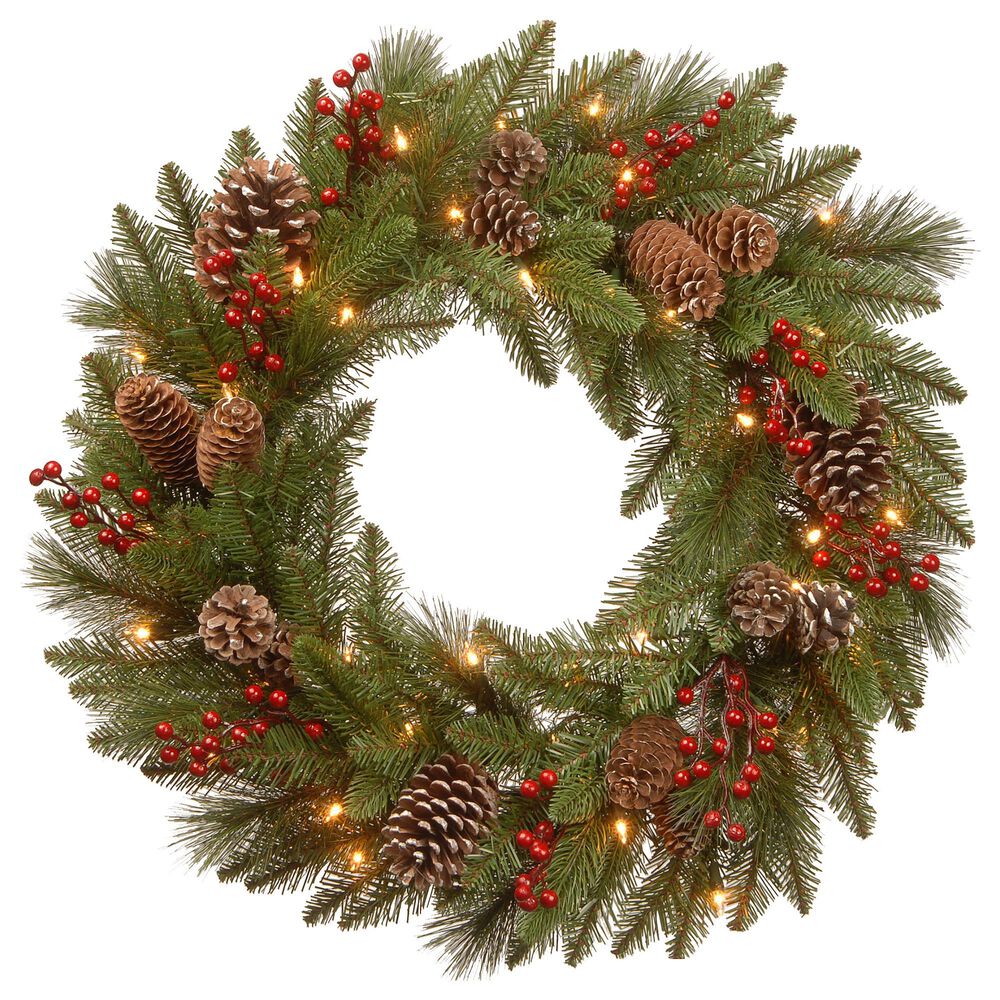 National Tree 24" Feel Real Bristle Berry Wreath with Red Berries & Cones & Warm White Battery Operated LED Lights, , large