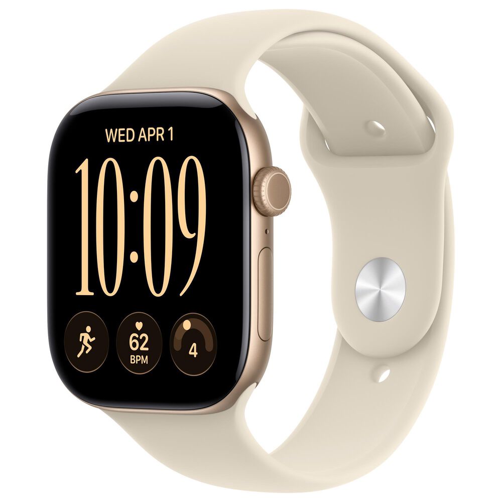 Apple Watch Series 12 (GPS) 46mm Light Gold Aluminum Case with Sand Sport Band - S/M and 2-Year AppleCare+, , large