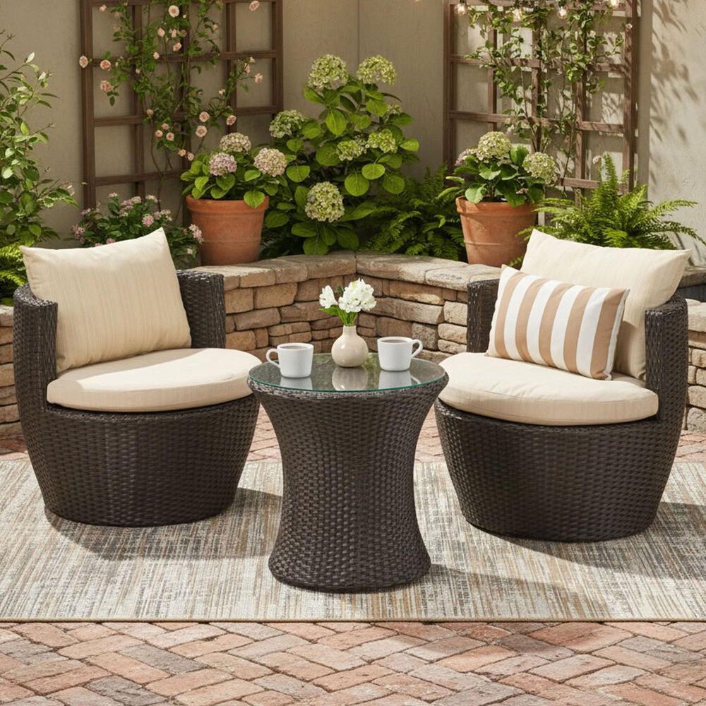 Hearth and Haven Kono 3-Piece Outdoor Chat Set with Dark Brown Glass-Top Hourglass Side Table in Ivory, , large