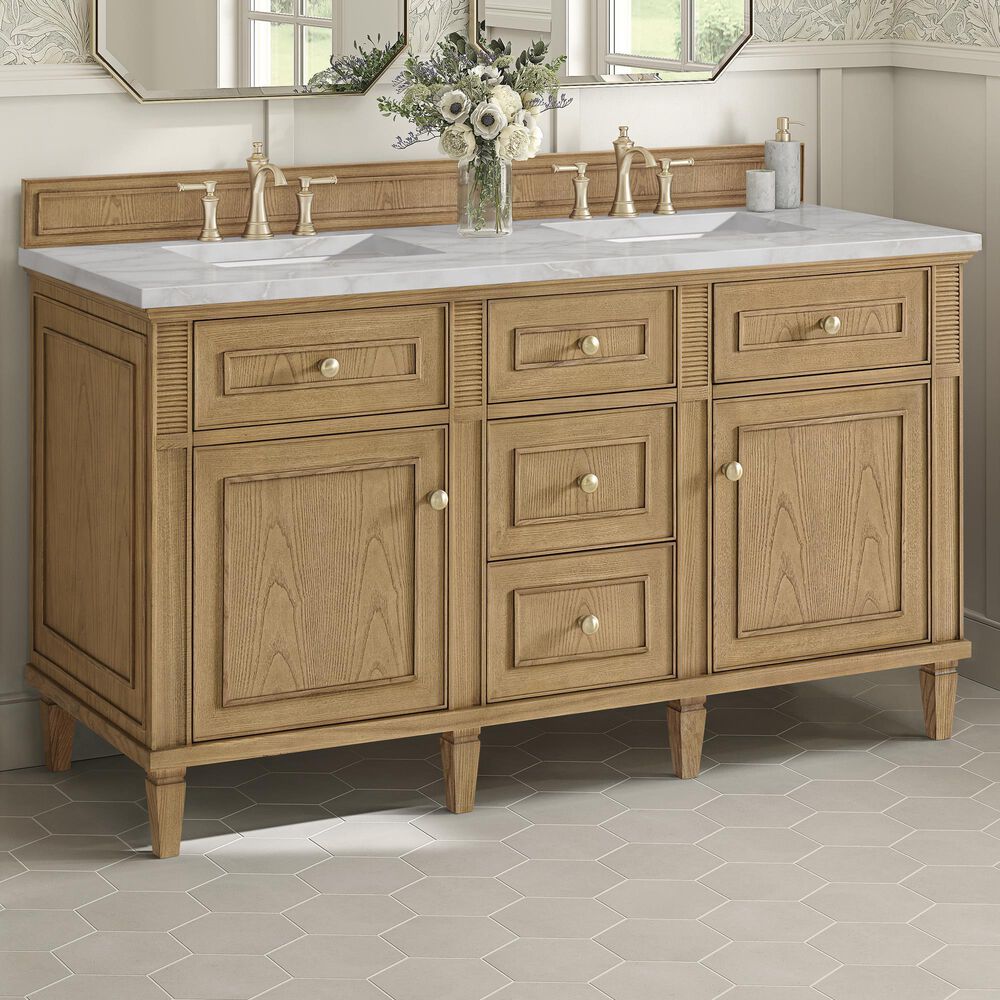 James Martin Vanities Lorelai 60" Double Bathroom Vanity in Light Natural Oak with 3 cm Eternal Jasmine Pearl Silestone Top, Rectangular Sinks and FreePower Wireless Charger, , large