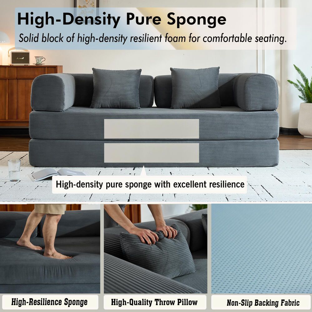 GigaCloud Corduroy Convertible Sleeper Sofa with Cylindrical Pillow in Gray, , large