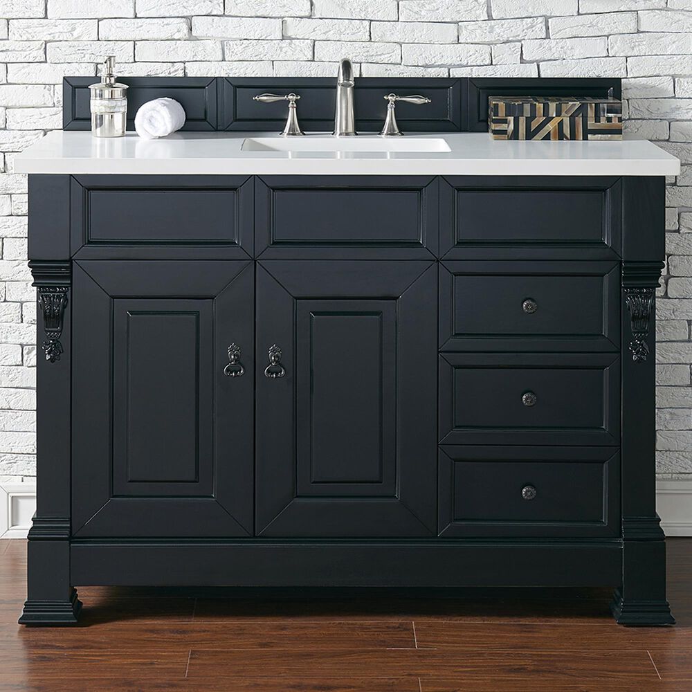 James Martin Vanities Brookfield 48" Single Bathroom Vanity in Antique Black with 3 cm White Zeus Quartz Top and Rectangular Sink, , large