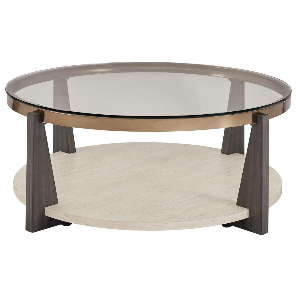 Ashley Frazwa Round Cocktail Table in Grayish Brown, Gold and Clear, , large