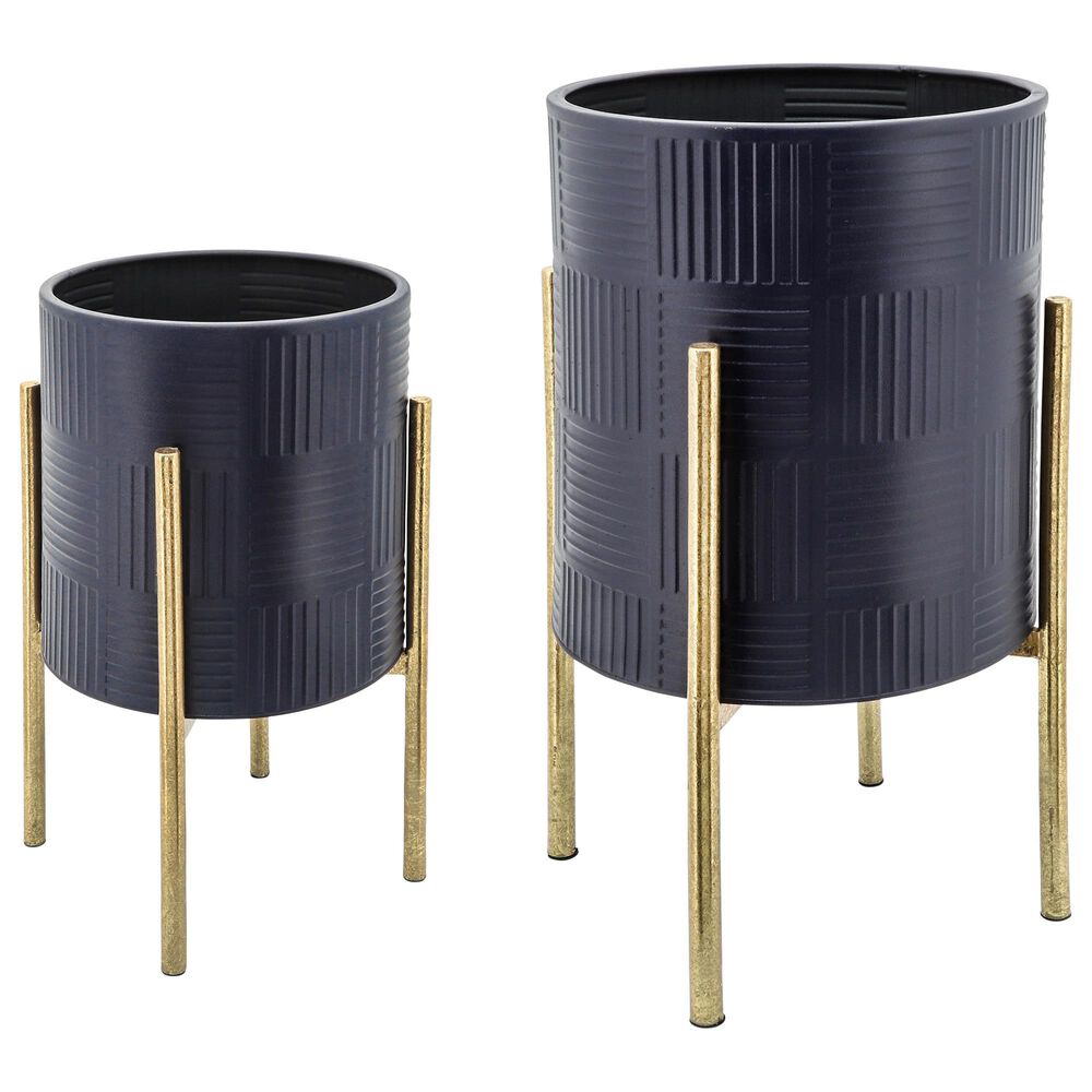 Sagebrook Home Textured Planter on Metal Stand in Navy and Gold (Set of 2), , large
