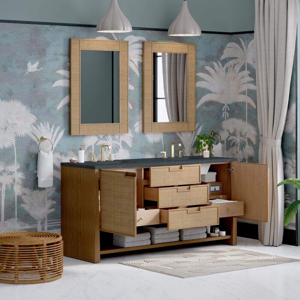 James Martin Vanities Solene 72&quot; Double Bathroom Vanity in Seaside Oak with 3 cm Charcoal Soapstone Quartz Top and Rectangular Sinks, , large
