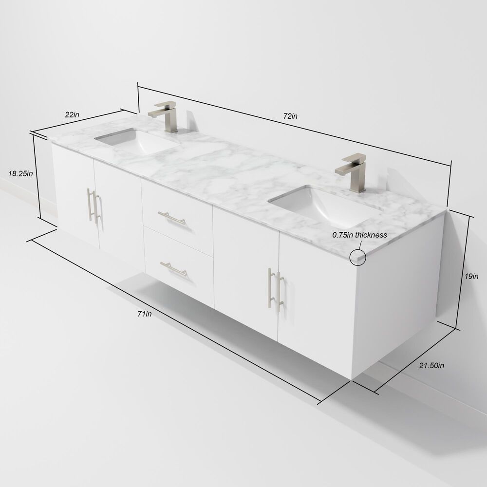 Lexora Home Geneva 72&quot; Double Bathroom Vanity in Glossy White with 2 cm White Carrara Marble Top and Rectangular Sinks, , large
