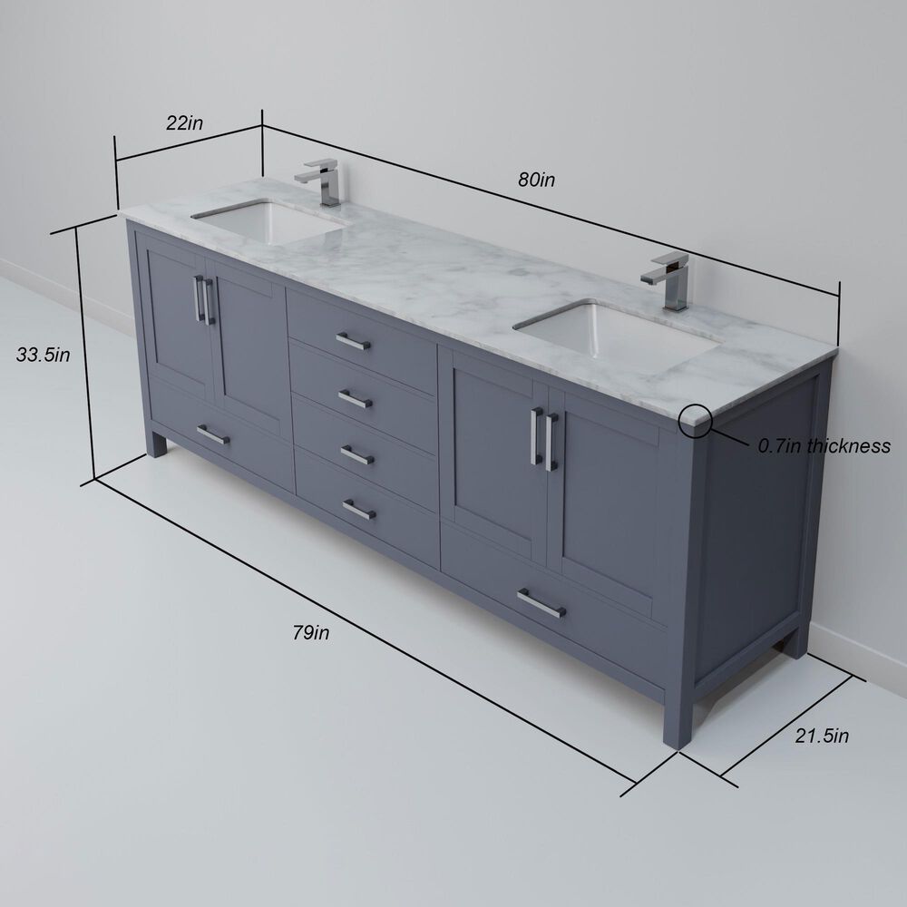 Lexora Home Jacques 80" Double Bathroom Vanity in Dark Grey with 2 cm White Carrara Marble Top and Rectangular Sinks, , large