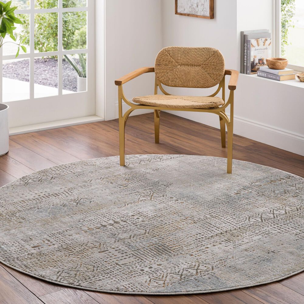 Surya Brunswick Cream, Light Gray, Charcoal, Light Brown, Mustard and Medium Brown 7"10" Round Area Rug, , large
