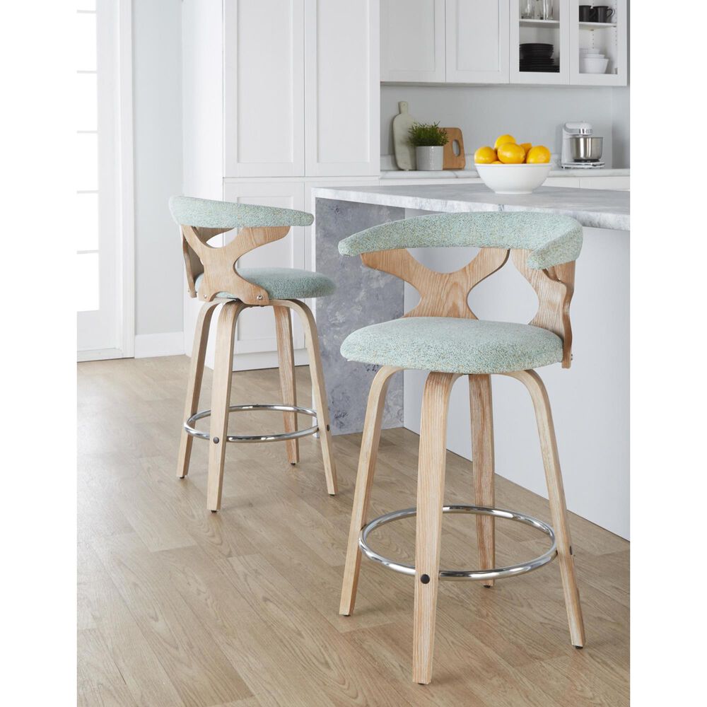 LumiSource Gardenia Swivel Fixed-Height Counter Stool with Seafoam Green Fabric Upholstery in Chrome and Whitewashed (Set of 2), , large