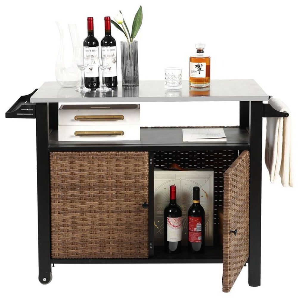 Hearth and Haven 2-Door Outdoor Bar Cart with Stainless Steel Top in Brown and Black, , large