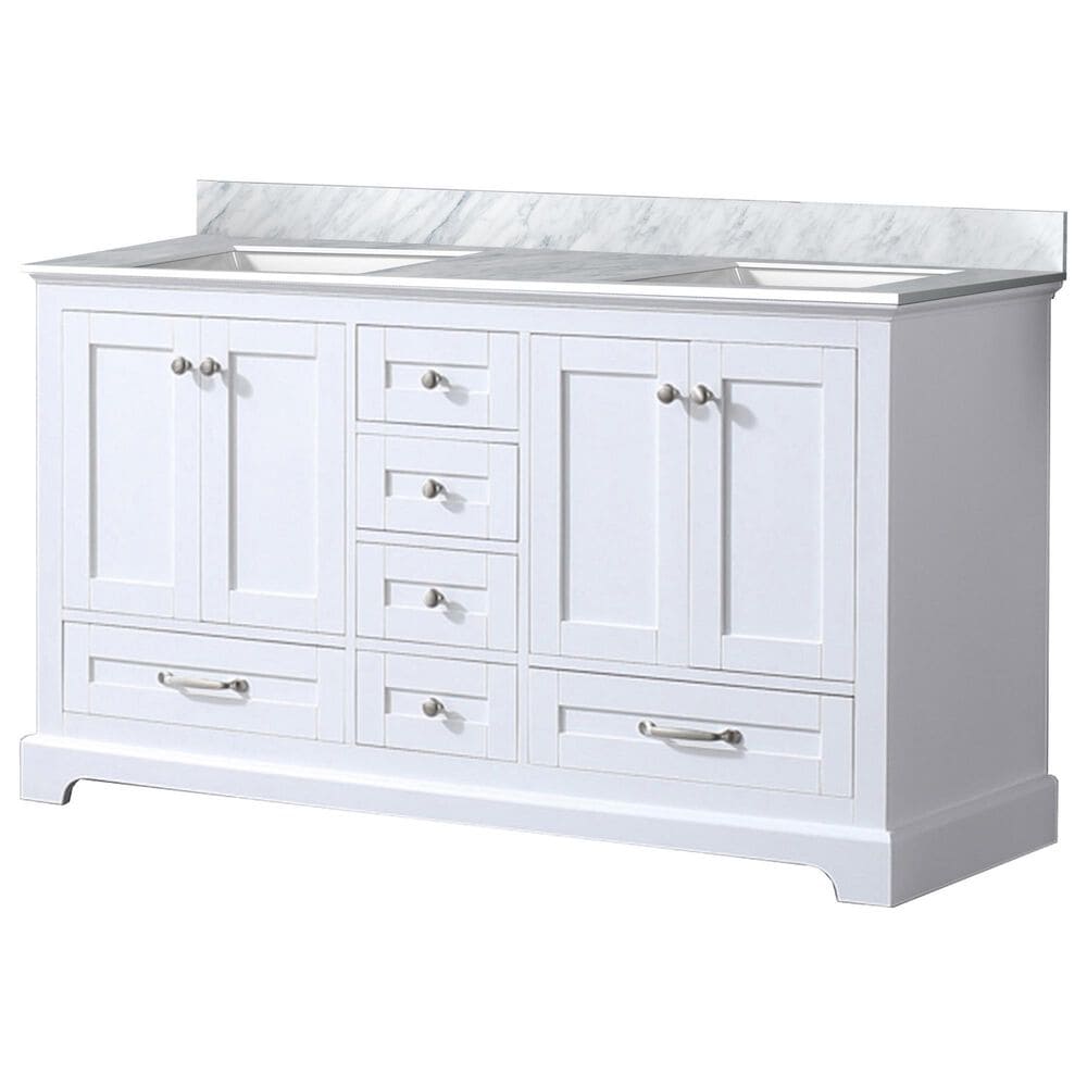Lexora Home Dukes 60" Double Bathroom Vanity in White with 2 cm White Carrara Marble Top and Rectangular Sinks, , large