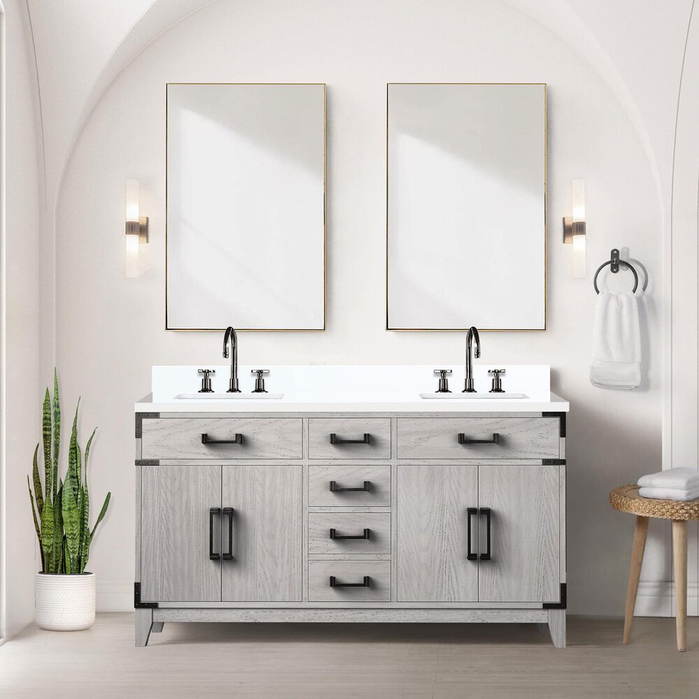 Lexora Home Laurel 60&quot; Double Bathroom Vanity in White Oak with White Quartz Top and Rectangular Sinks, , large