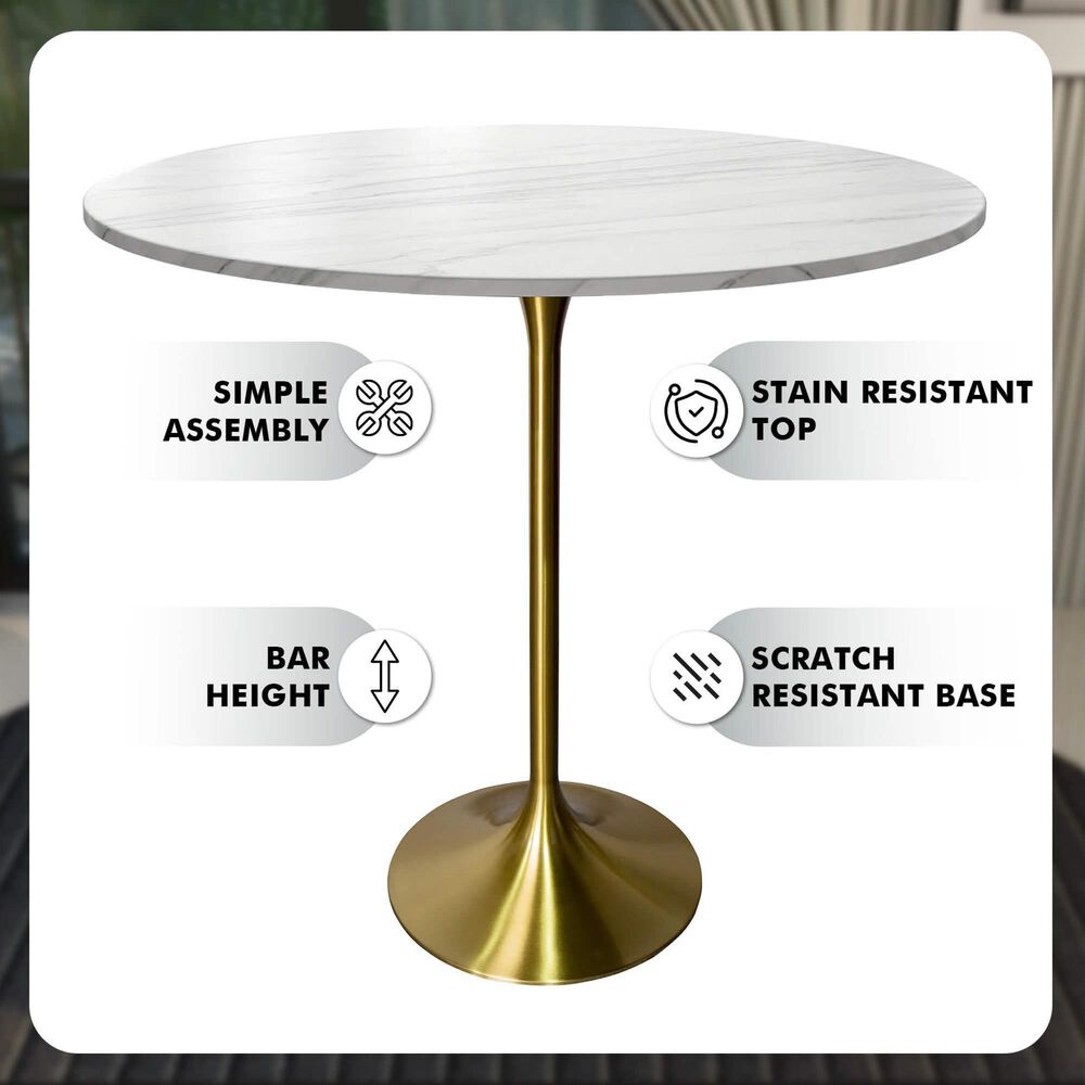 Leisuremod LeisureMod Verve Collection Modern Bar Height Table Brushed Gold Base with 48 Round Marble White Sintered Stone Top, , large