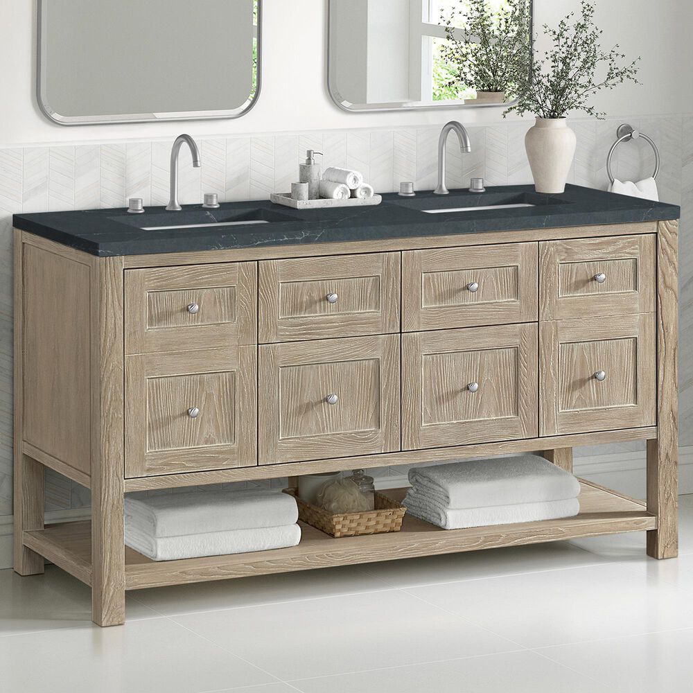 James Martin Vanities Breckenridge 60&quot; Double Bathroom Vanity in Whitewashed Oak with 3 cm Charcoal Soapstone Quartz Top and Rectangular Sinks, , large