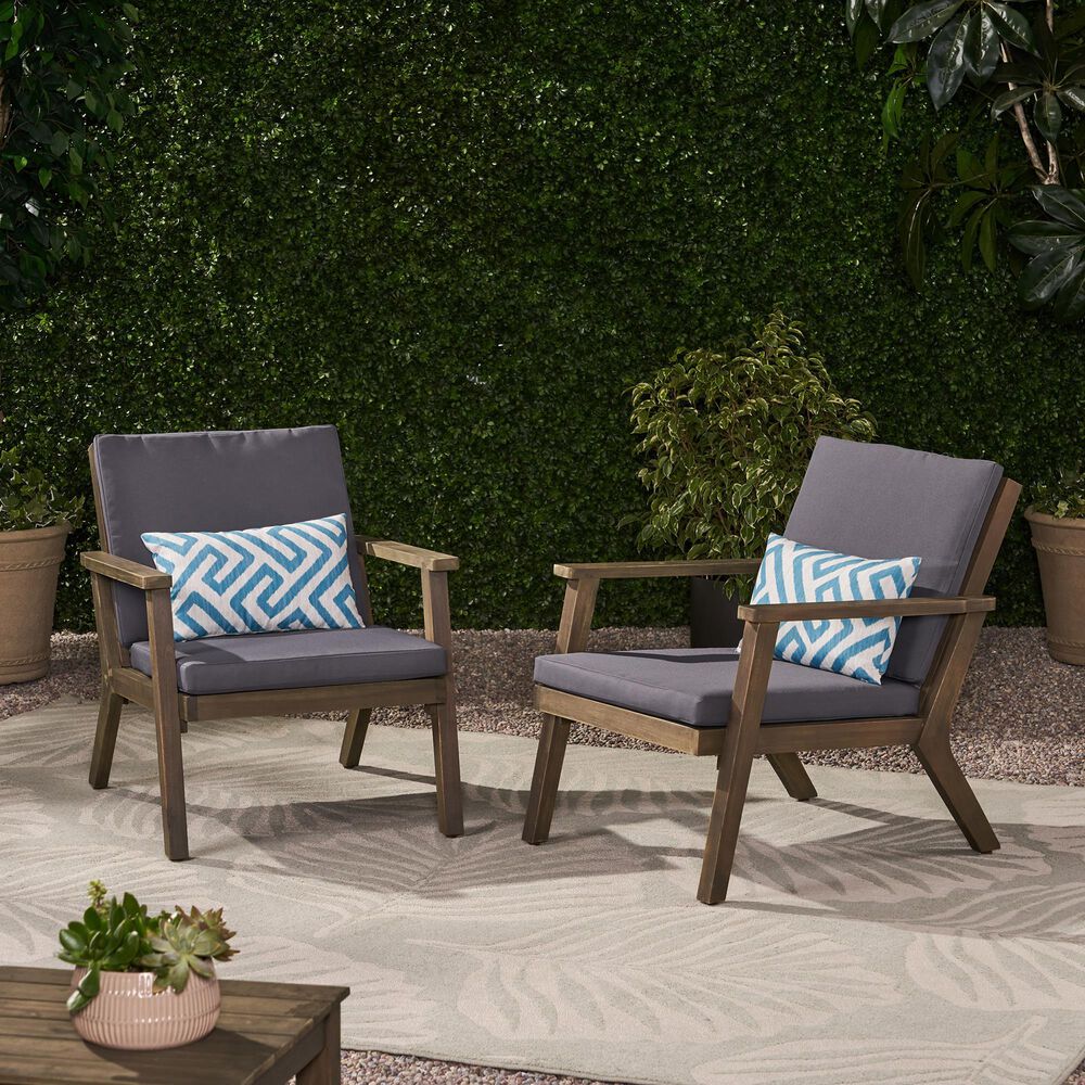 Hearth and Haven Outdoor Acacia Wood Chairs with Open Slatted Backrest and Water-Resistant Cushions in Dark Gray (Set of 2), , large