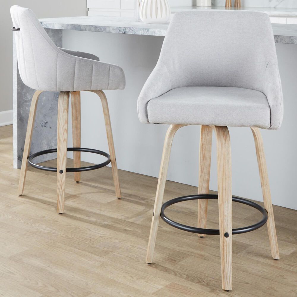 LumiSource Hannah Swivel Counter Stool with Grey Fabric Upholstery in Whitewashed and Black (Set of 2), , large