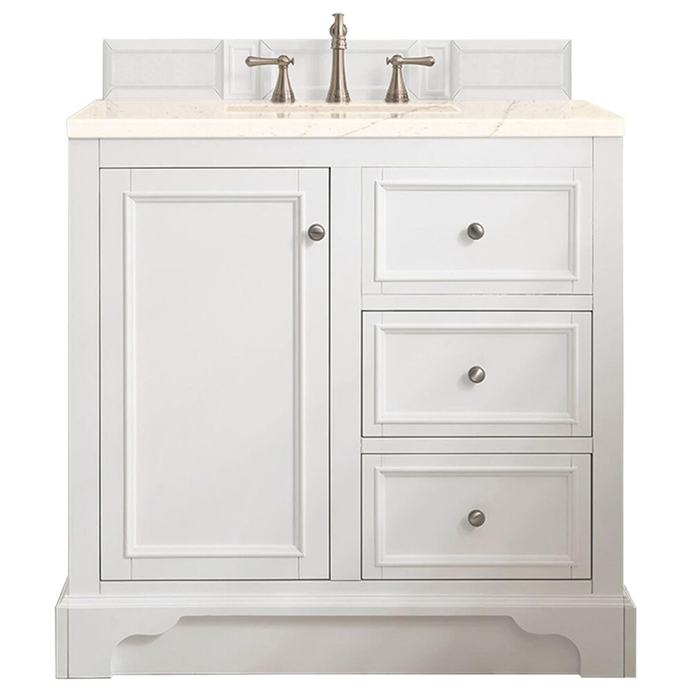 James Martin Vanities De Soto 36" Single Bathroom Vanity in Bright White with 3 cm Eternal Marfil Quartz Top and Rectangular Sink, , large