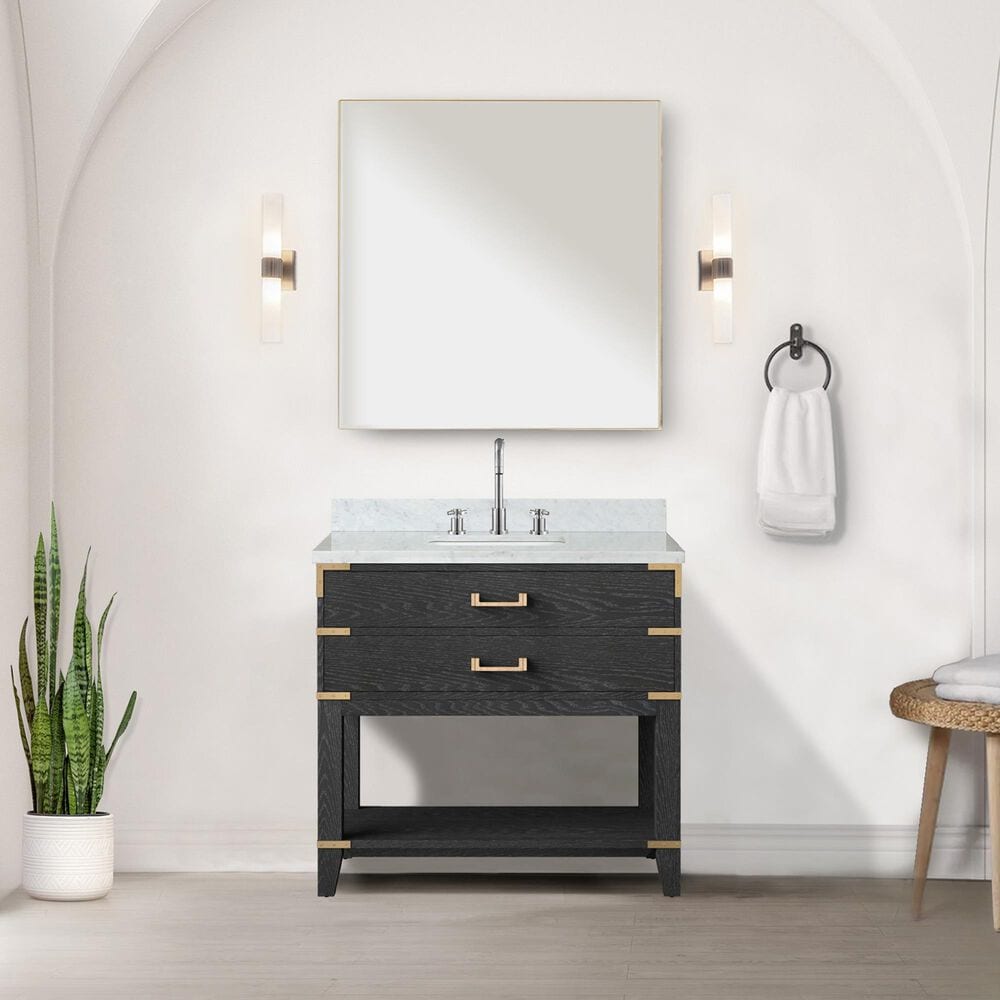 Lexora Home Norwalk 36&quot; Single Bathroom Vanity in Black Oak with White Carrara Marble Top  and Rectangle Sink, , large