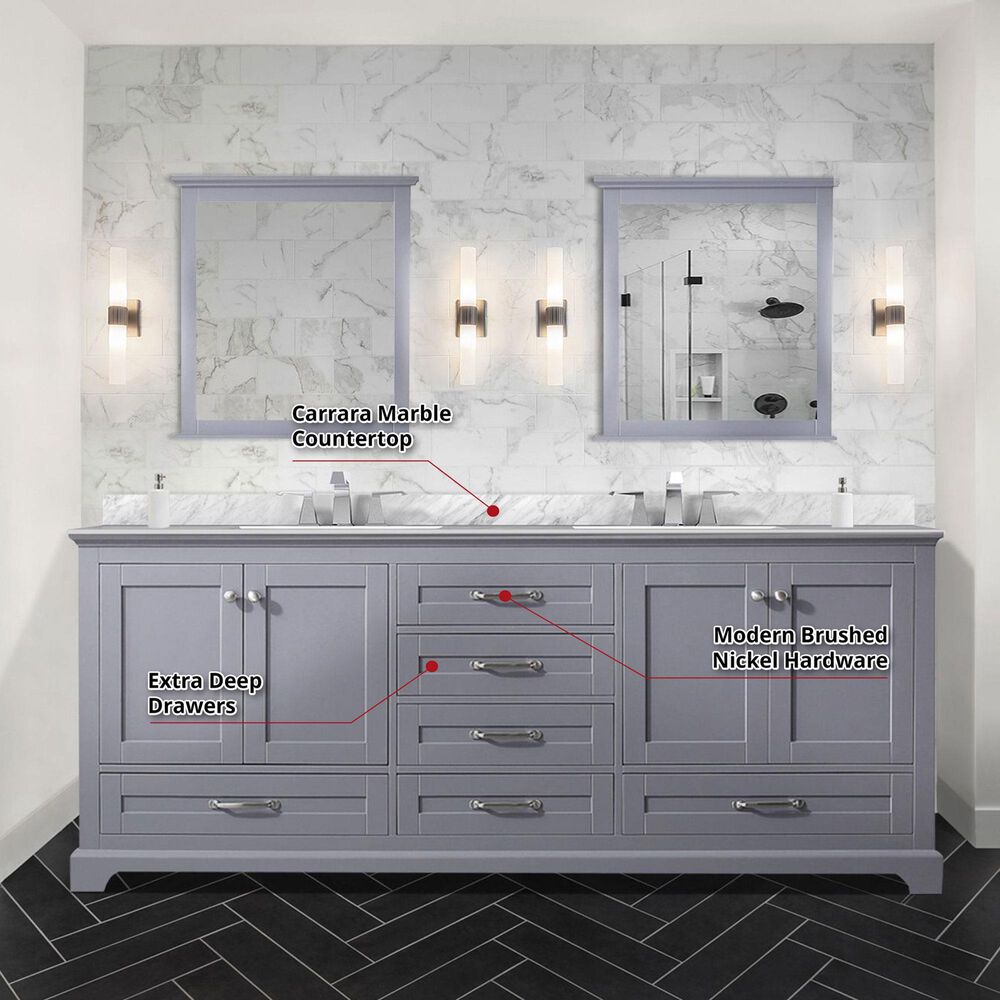 Lexora Home Dukes 80&quot; Double Bathroom Vanity in Dark grey with 2 cm White Carrara Marble Top and Rectangular Sinks, , large
