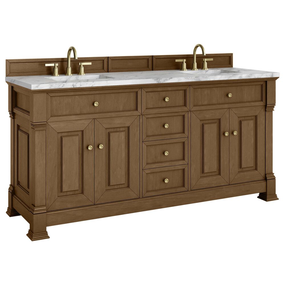 James Martin Vanities Brookfield 72" Double Bathroom Vanity in Honey Oak with 3cm Carrara White Marble Top and Rectangular Sinks, , large