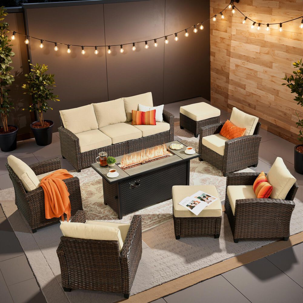 HOMLUX 8-Piece Patio Conversation Set with Fire Pit Table in Beige, , large