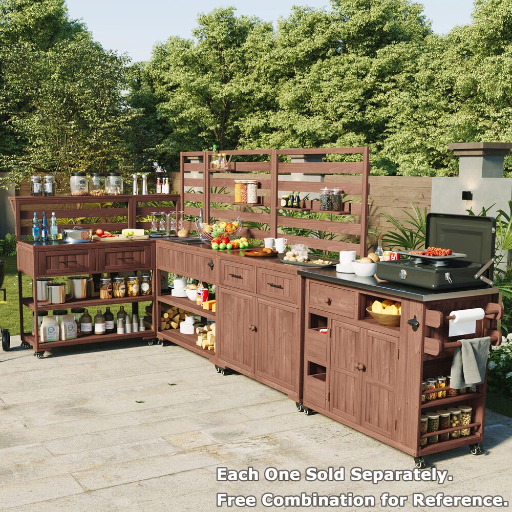 Hearth and Haven Outdoor Kitchen Island Cart with Extendable Stainless Steel Top and Adjustable Shelf in Brown, , large