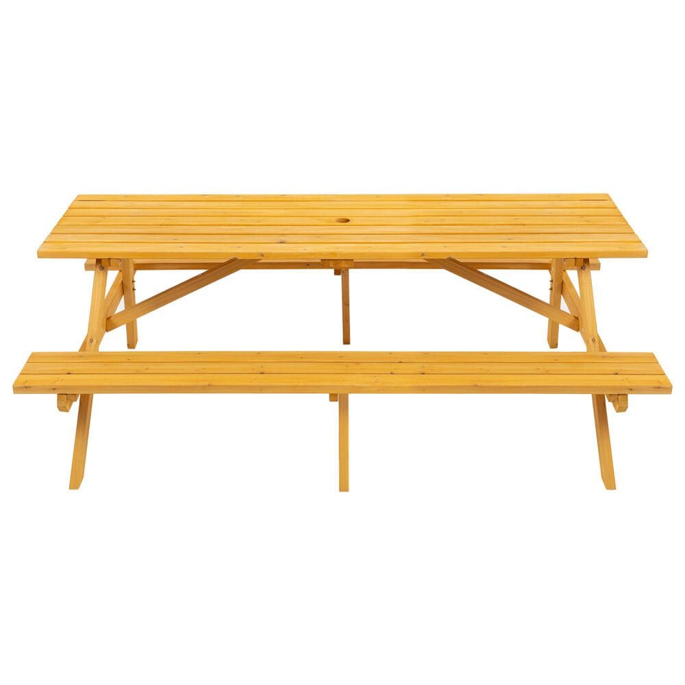 Hearth and Haven Outdoor Wood Picnic Table with 2 Built-in Benches and Umbrella Hole in Brown, , large