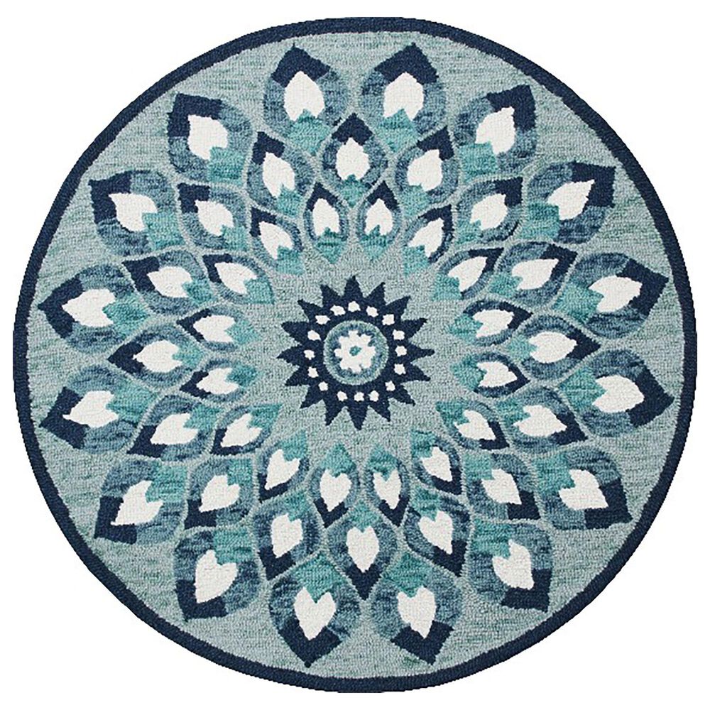 L&R Resources Sinuous Feathering Floral 6" Round Blue, Navy, Teal and White Area Rug, , large