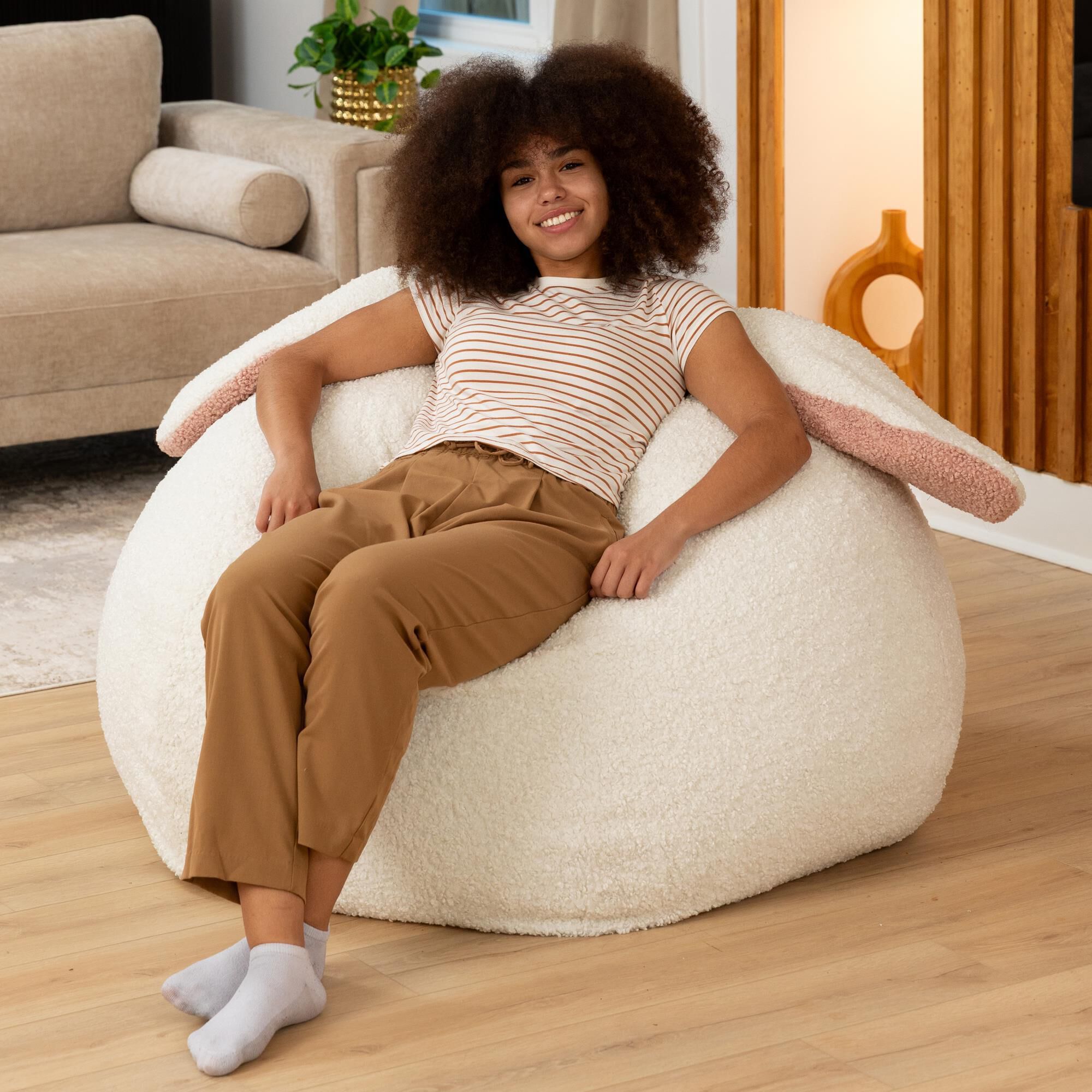 Jaxx HopSeat Bunny Oval Shaped Large Bean Bag Chair in Cloud White
