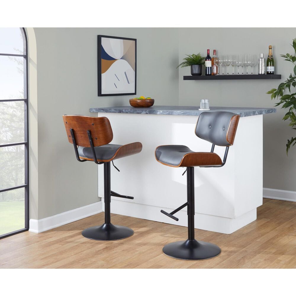 Lumisource Lombardi Swivel Adjustable Barstool with Grey Cushion in Black and Walnut, , large